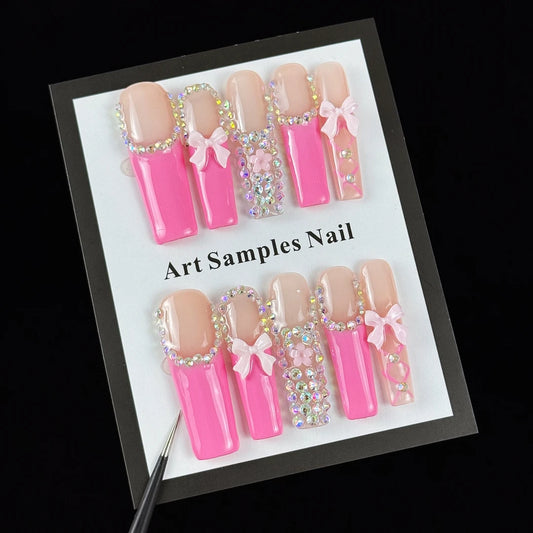 10pcs high-end Pink girl style, hand-painted patterns, three-dimensional bow, dazzling cluster of diamonds handmade fake nails