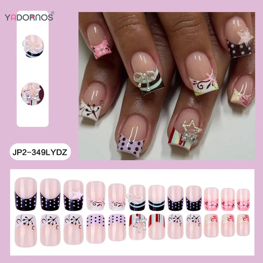 24pcs Stripes Polka Dot Colorful French Style False Nails Silver Metal Bowknot Stars Decor Press On Nails Y2k Square Fake Nail