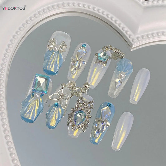 Handmade Fake Nails Glitter Blue Press on Nails Alloy Bowknot Butterfly Star Designed Wearable False Nails Tips Diamond Decor