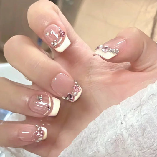 24pcs Love Diamond False Nails Line French Sweet Short Ballet Fake Nail Tips for Woman Simple Square Detachable Press on Nails