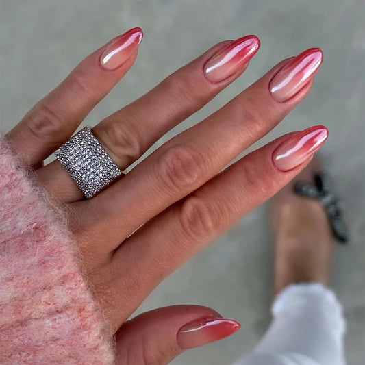INS Simple Almond False Nails 24pcs Glossy Aurora Gradient Red Fake Nail Tips Wearable Fashion Sweet Korean Press on Nails