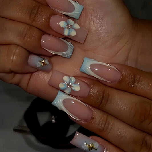 24pcs French False Nails Art Flower Mid-length Stick on Nail Tips Finished Wearable Gradient Blue Design Press on Fake Nails Set