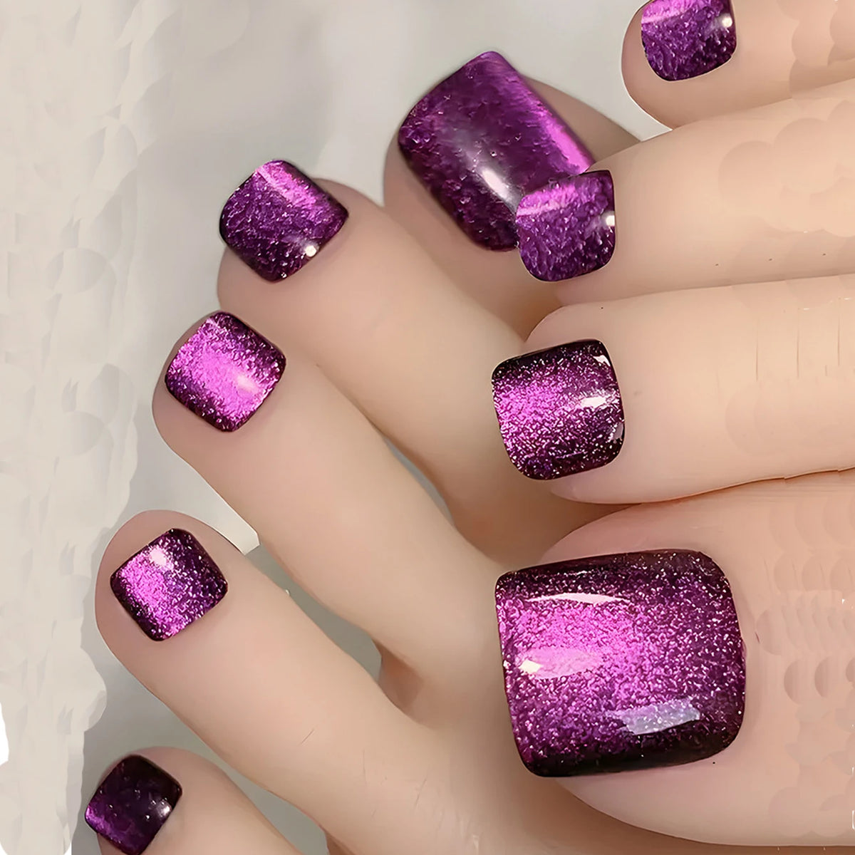 24PCS Short Square Cat Eye Fake Toe Nail Press Smooth Shiny Acrylic Nail Full Coverage Women's Nail Decoration Nail Art