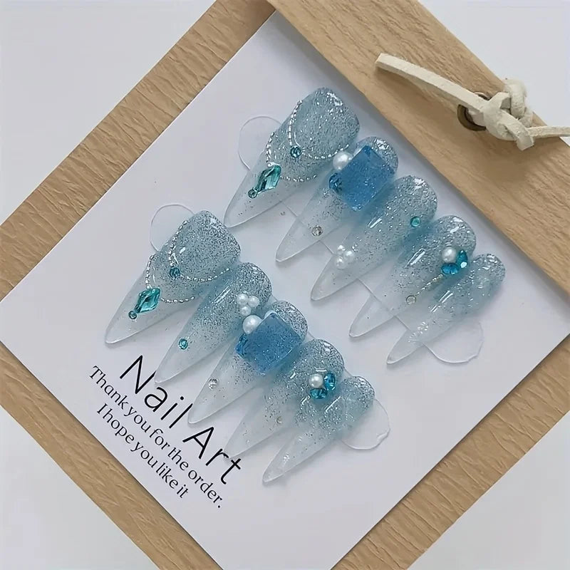 10pcs high-end Light luxury temperament shows white broken diamond handmade fake nails, Deep sea tears ice flash cat eye Deep se