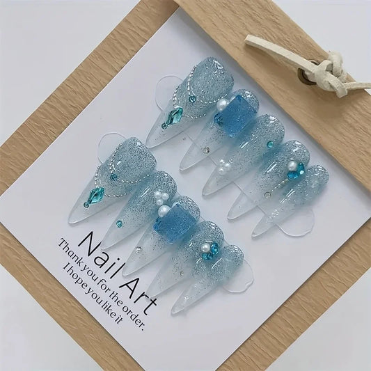 10pcs high-end Light luxury temperament shows white broken diamond handmade fake nails, Deep sea tears ice flash cat eye Deep se