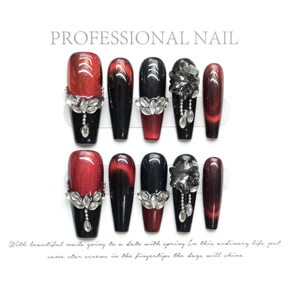10pcs Wine-red Super Long Almond False Nails Handmade Full Shiny Diamond French Press On Nails Glossy Cat's Eye Luxury Fake Nail