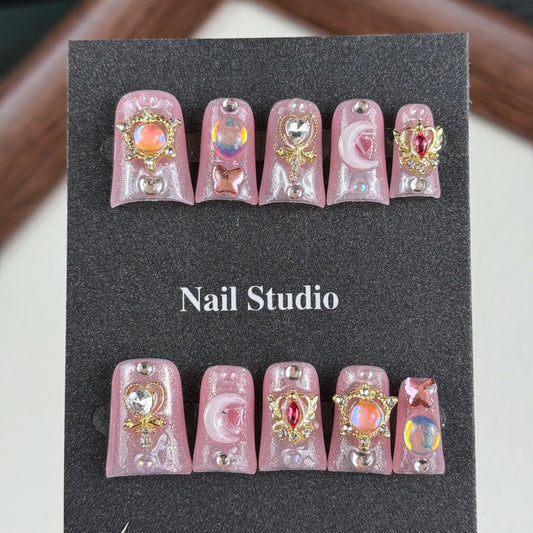 10pcs high-end Pink girl style, hand-painted three-dimensional water ice moon, flashing cat eyes, with tiny diamonds handmade