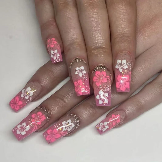 24Pcs Mid-length Square Press on False Nails with White Edge French Flower Fake Nails Detachable Finished Full Cover Nails Tips