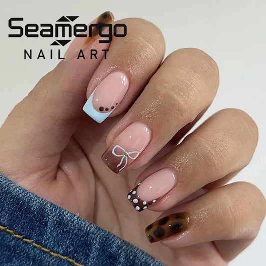 24PCS Pink Square Coffin False Nails Polka Dot Love Line Glitter Press on Nails Sweet Cool Fake Nails Wearable European American