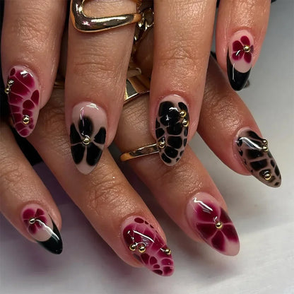Wine Red French Wearable Nail Art Flowers Petal Halo Dyeing Almond False Nails Detachable Finished Fake Nails Press on Nails