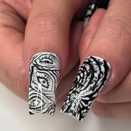 24pcs Japanese Comic Style Fake Nail Tips Black White Print Long Coffin Press on Nails Wearable Reusable Gothic Punk False Nails