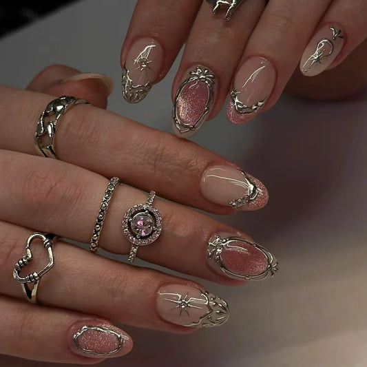 24pcs Glitter Short Almond Fake Nails Fashion Purple Cat's Eye False Nail Tips Simple Butterfly Design Detachable Press on Nails