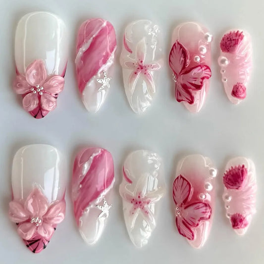 24Pcs Mid-length Almond Fake Nails 3D Flower Starfish Press on False Nails Pink Smudge French Pearl Reusable Full Cover Nail Tip
