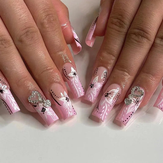 24Pcs Long Ballet Reusable Full Cover Fake Nails Pink French Flower False Nails Heart Rhinestone Polka Dot Stripe Manicure Tips