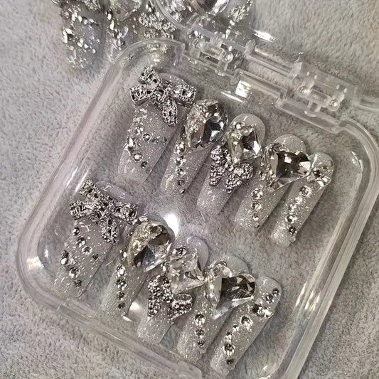10pcs high-end Flash long silver with diamonds handmade fake nails, Light luxury long temperament girl nail decoration patch