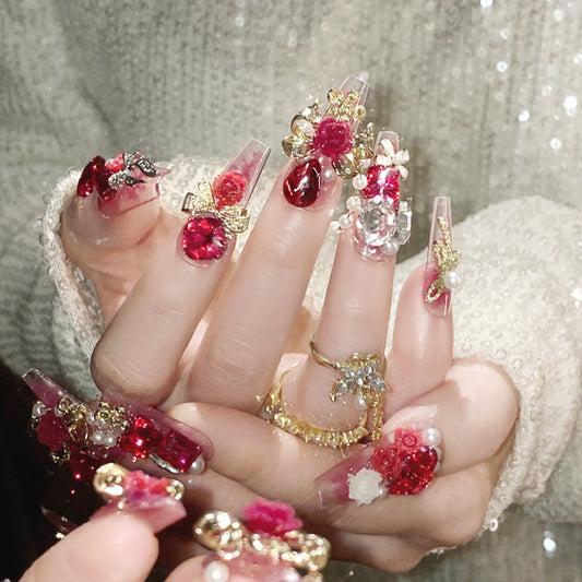24pcs New Year Long Artificial Fake Nails Glossy Rose Pink 3D Flower Love Heart Bowknots Decor Press On Nails Charm False Nail