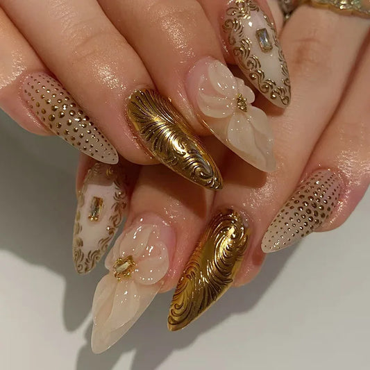 24Pcs Long Stiletto Press on Fake Nails 3D Flower Rhinestone Design False Nails Gilded Pattern Detachable Full Cover Nails Tips