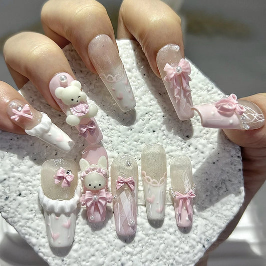 10PCS Cute 3D Bow Teddy Bear Pink French Handmade Press On Nails Lolita Kawaii Bunny Long Fake Nails Pearls Glitter Nail Art