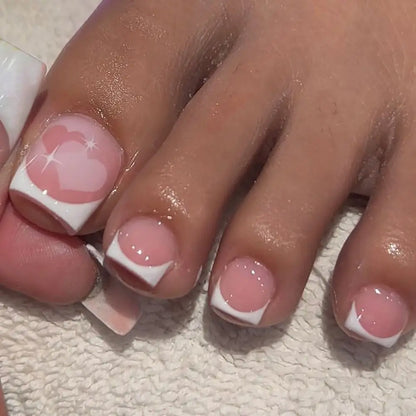 24pcs Simple French Fake Toenails White Edge Pink Short Square Toe Nails Full Cover Foot Nails Tips for Women Girls