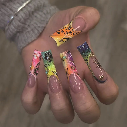 24pcs European Long Coffin Press On Nails Color Flower Leopard Print Fake Nail Tips for Women Wearable False Nails Patches