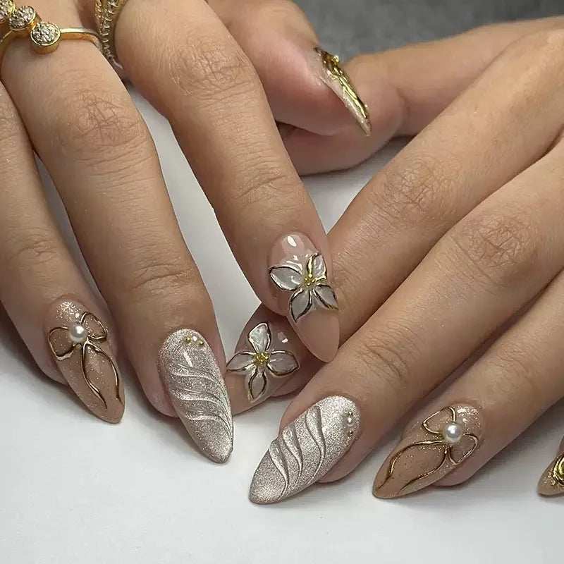 24Pcs Light Blue Smudge Fake Nails Press on Almond Gold Leaf Removable Long Full Cover Nail Tips Wearable Finished Nail Art