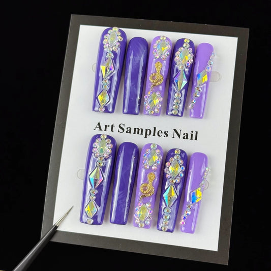10pcs high-end Court retro style, hand-painted three-dimensional square diamonds, dazzling stacked diamonds handmade fake nails