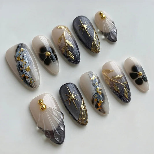 24pcs Almond Nails Sets Press on Shiny Powder Design Nails Cat's Eye False Nail Tips Starlight Flower Fake Nail Sets Finished