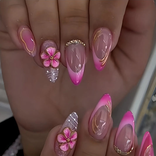 24Pcs Pink Smudge French Fake Nails Press on Flower Rhinestone False Nails Art Mid-length Almond Reusable Full Cover Nails Tips