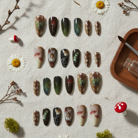 24pcs Ins Forest Style Press On Nails Butterfly Mushroon Flower Polka Dot Designs False Nails Vintage Almond Fake Nail For Women