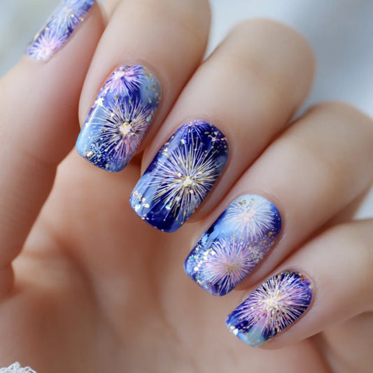 24Pcs Short Square Head Fake Nail Press on Blue Purple Gradient Firework Design Full Cover Nails Tips Art Detachable False Nails