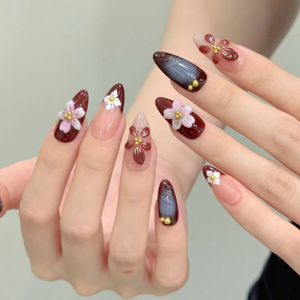 24Pcs French Short Almond Acrylic False Nails Full Cover Flower Pink Sweet Lovely Finished Nail Set Wearable Artificial Manicure