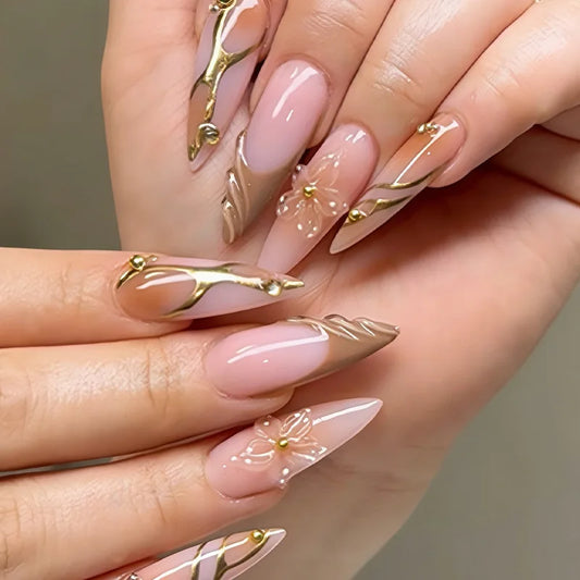 24Pcs Orange Smudge French False Nails Art 3D Flower Rhinestone Press on Fake Nails Long Stiletto Reusable Full Cover Nails Tips
