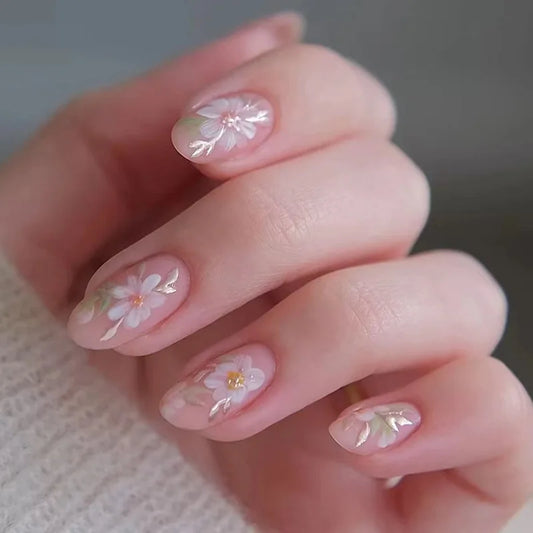 24Pcs Short Almond Nails Set Press on Wine Red Flower Smudge Full Cover False Nails Tips with Gilded Design Detachable Fake Nail