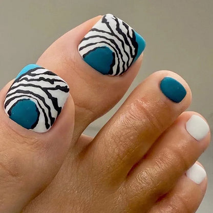 Flow Chocolate Design Artificial Toenails Glossy Fashion Toe Fake Nails with Glue Wearable Short Flat Shape Fake Toenails