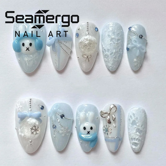 24PCS Cute False Nails Sweet Blush Bunny Almond Pearl Press on Nails Hand Painted 3D Cartoon Bow French Gentle Design Fake Nails