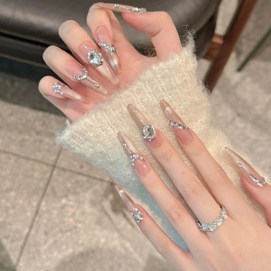 10pcs Handmade Fake Nails Fine dog pointed type Powder penetration Press On Nails False Nails French Flash diamond design