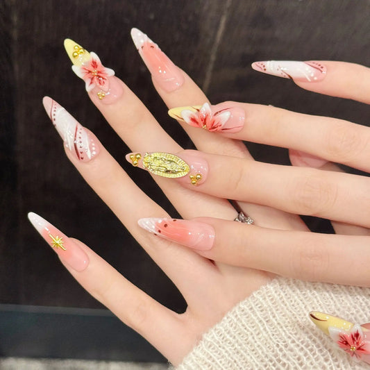 10PCS Stiletto Handmade Press On Nails,Red And Pink Gradient Patterned Carving,Suitable For Festivals Parties And Daily Wear.