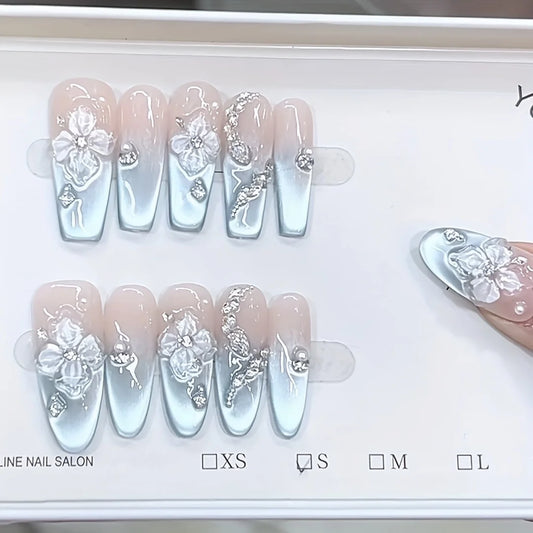 10pcs high-end French seaside ice flower three-dimensional hand-painted relief small flower cat's eye style handmade fake nails,