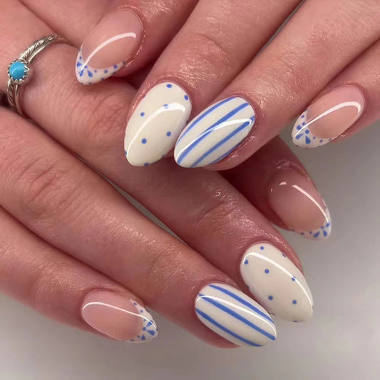 30Pcs French Oval Press On Nails With Classic Blue Gingham And Polka Dot Design For Women