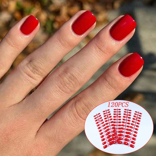 120PCS Pressed French Short Square False Nails In Solid Color Design Full Coverage Acrylic Nail Art-Suitable For Home Diy Dates