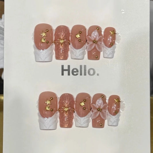 10Pcs Nude Pink Light Luxury French Handmade Nail Set Mid-length Coffin Artificial Manicure Fashion Finished Wearable Fake Nails
