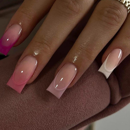 24Pcs Short Square Head Press on Fake Nails Full Cover Gradient Pink Designs Nails with Jelly Glue Detachable Glossy False Nails