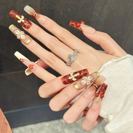 10PCS Long Coffin Handmade Press On Nails,Gradual Luxury Style,Suitable For Festivals Parties And Daily Wear.