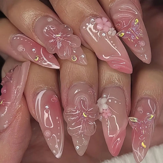 10Pcs Medium Press on Nails Almond Fake Nails with Design 3D Drip Gel Flower Glue on False Nails French Tip Acrylic Nails