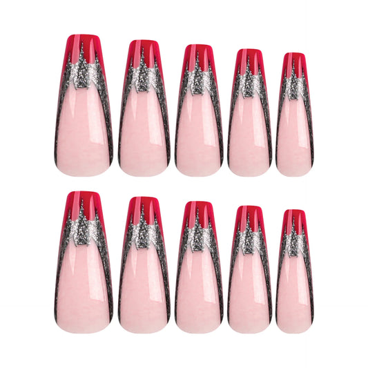 Black Bat Fake Nails Red French False Nail Patch for Girl Women Wearable Full Cover Long Coffin Ballet Press on Nail Tips