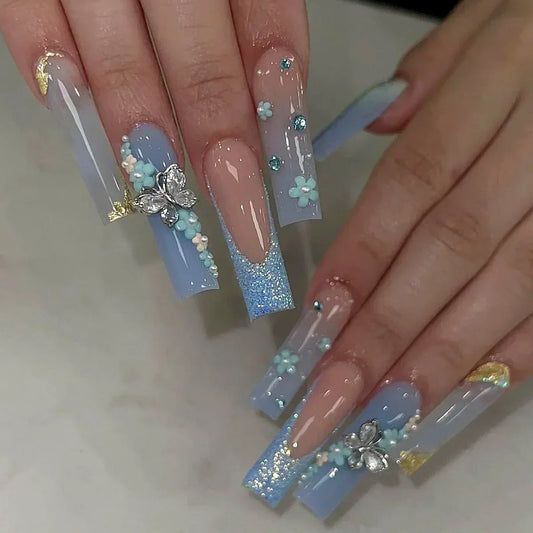 24Pcs Blue Butterfly False Nails Long Ballet with French Design Wearable Fake Nails Glitter Full Cover Press on Nails Tips Art