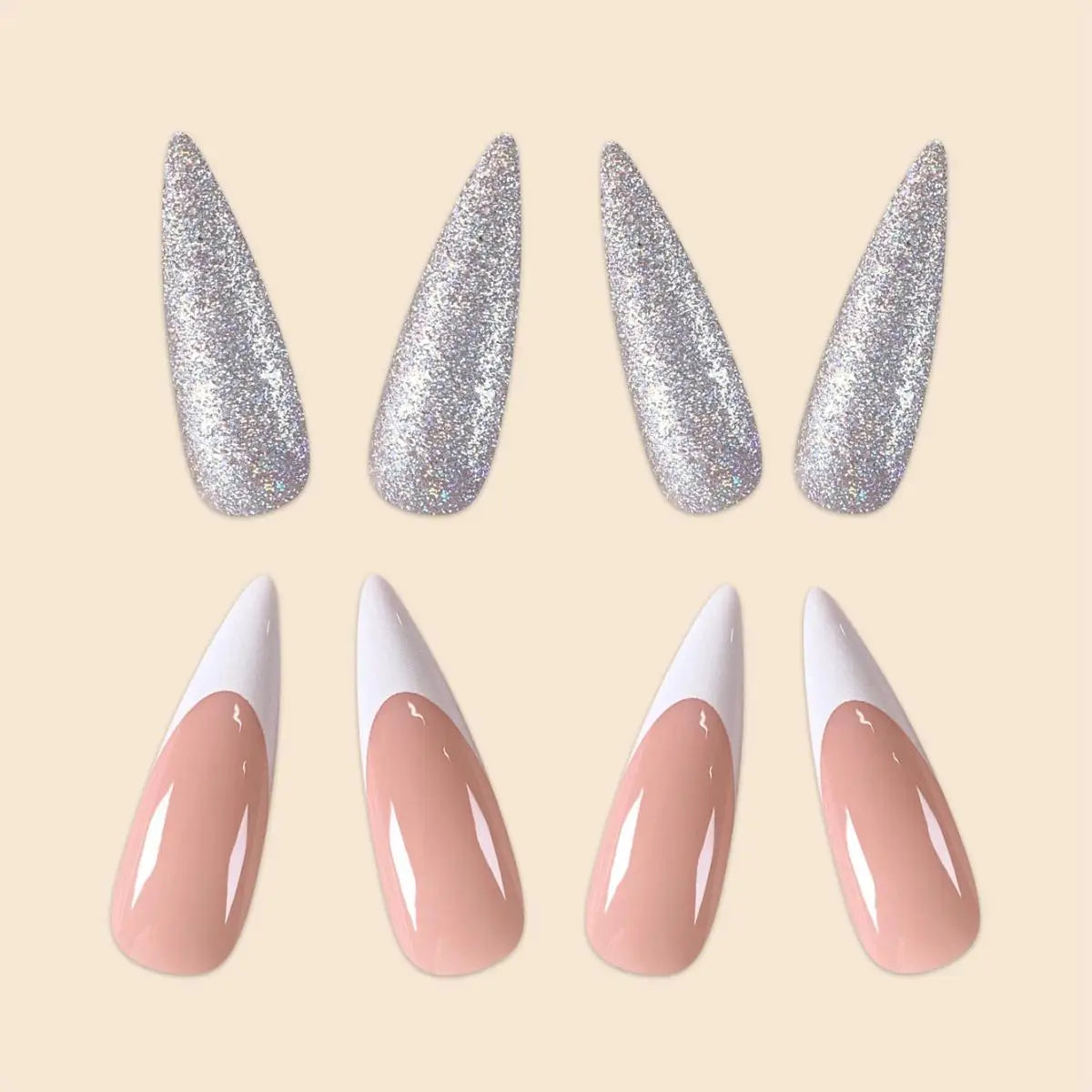 Women Summer Nails Long Stiletto Pink White Color Blocking French Silver Glitter Powder Full Coverage Wearable Fake Nail Set