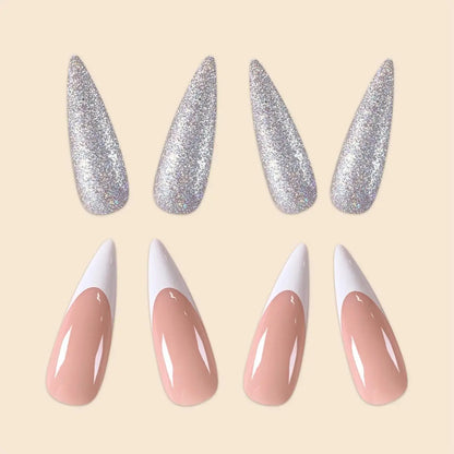 Women Summer Nails Long Stiletto Pink White Color Blocking French Silver Glitter Powder Full Coverage Wearable Fake Nail Set