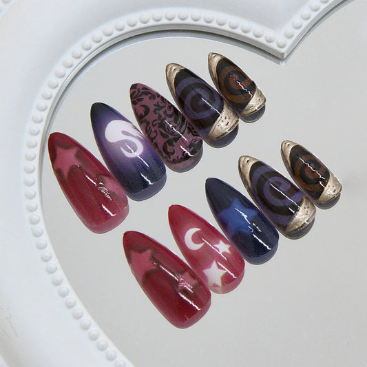 24pcs Y2k Almond Fashion Fake Nails Moon Star Style Swan Pattern Sweet Cool Press On Nails Full Cover Detachable False Nail