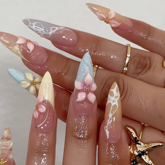 24pcs Fashion Almond False Nails Summer Cute Flower Rhinestone Design Press on Nails Reusable Colorful Long Stiletto Fake Nails